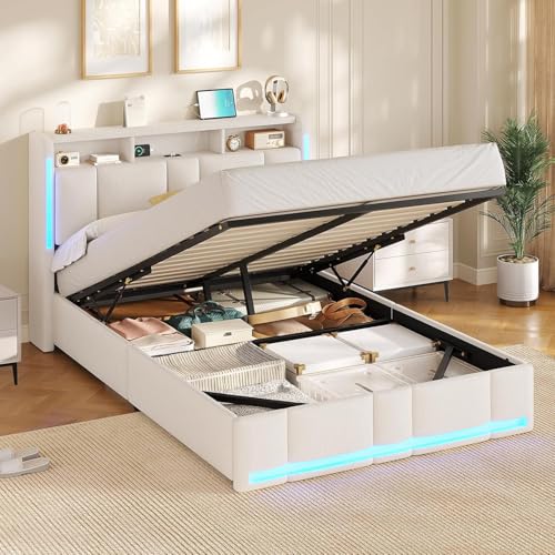 AOGLLATI Camas Matrimoniales 140x190 cm, Cama Canape con Almacenamiento Hidráulico y iluminación LED, Somier con Estación de Carga y Cabecero Tapizado, Moderno, Beige, Sin Colchón