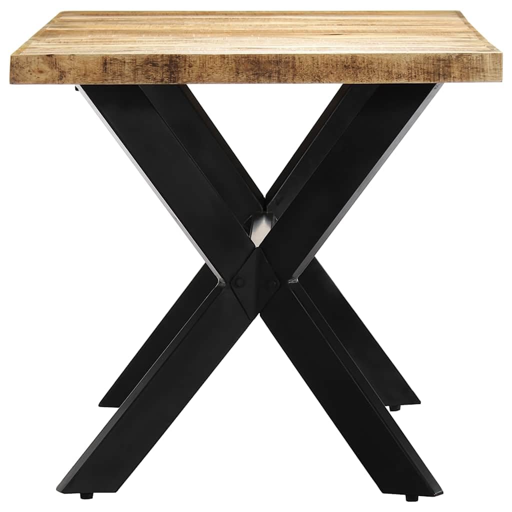 Table à manger en bois de manguier brut 160 x 80 x 75 cm avec structure en acier revêtu par pulvérisation en forme de croix, table en bois massif pour salle à manger, cuisine, salon, table de