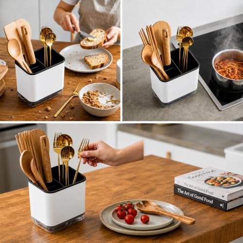 Image of Kitchen Utensil Holder with Drain Tray | Self Draining Countertop Organizer, 3 Compartment Cutlery Caddy | Detachable Water Collection Base for Spoons Forks Knives Cooking Tools (Black)