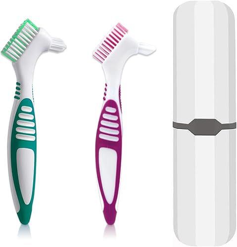 Cepillo de dentadura postiza, 2 piezas de cepillo de dientes falsos con funda de transporte blanca, cerdas de varios niveles con mango de agarre