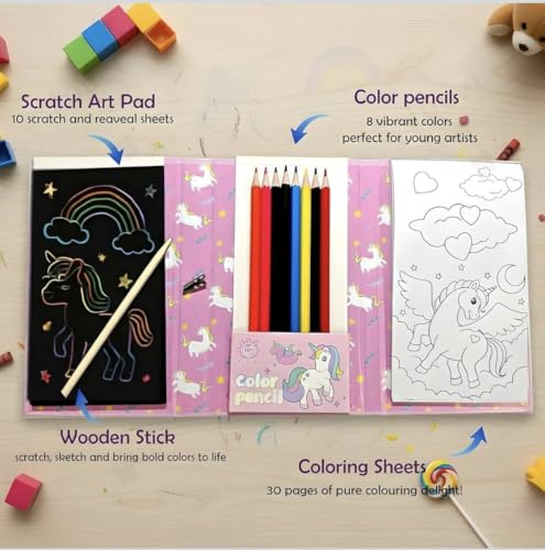 Image of Returngifts - Pack of 6 Coloring Book Sets for Kids birthday return gifts I Art & Craft Kit with Colouring Sheets, Pencils, Scratch book | Return Gifts for kids birthday party for age 3, 4, 5, 6, 7, 8, 9 years old. Random colour design