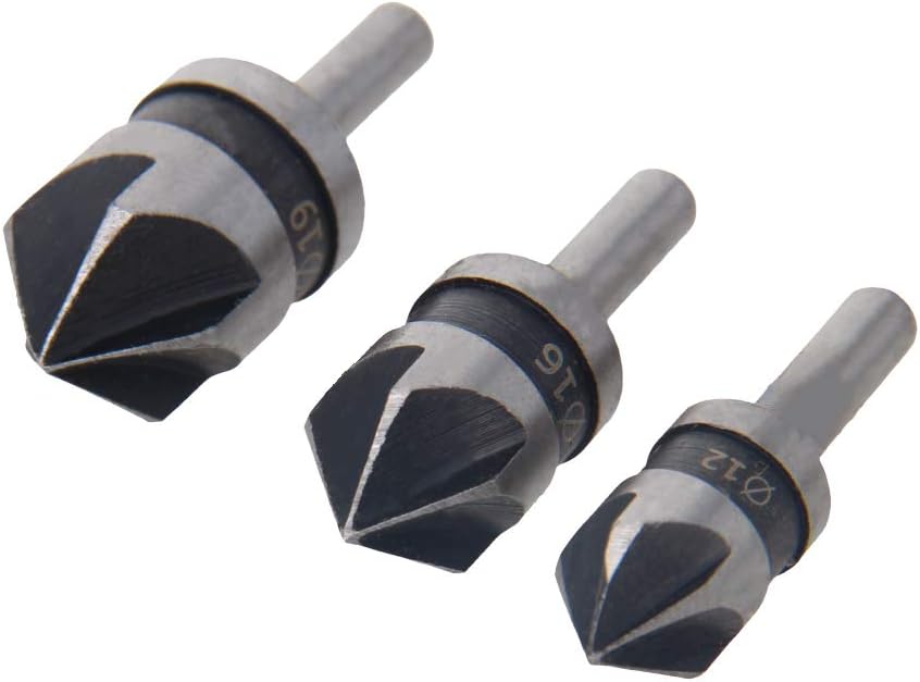 Auniwaig Wood Working Chamfering 12mm,16mm,19mm Router Bit Carbon Steel Silvery 3007Round Shank Dhamfering Drill Tool 3pcs