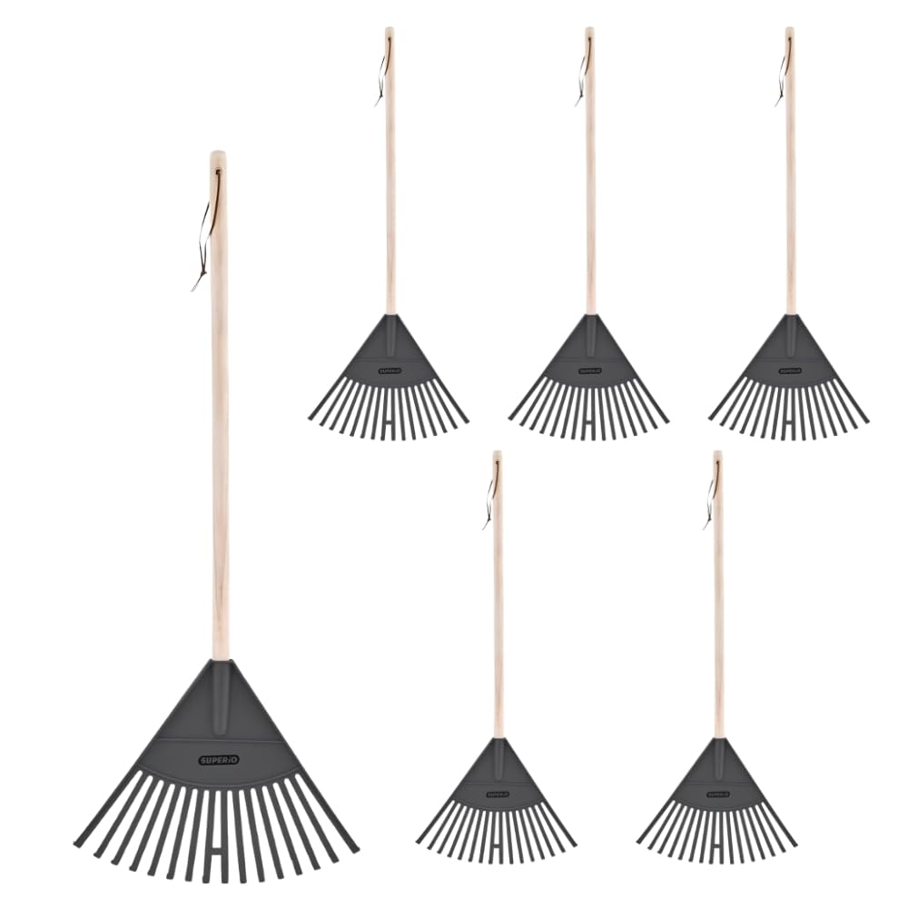 Superio Kids Leaf Rake, 34-Inch Lawn Rake with Hardwood Handle &amp; Durable Plastic Head for Yard, Garden &amp; Leaf Cleanup, Gray, 6 Pack