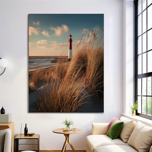 GDJSMIN Affiches Decoration Murale Tableau Mural Paysage De Plage D'Hiver Phare Rouge Posters Arts Reproductions Decoration Murale Salon Chambre Salle À...