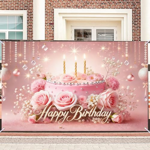 Image of Nuxovilar Luxury Birthday Banner Backdrop 71 inchx43 Polyester | Elegant Pink & Gold Floral Banner poster photo backdrop milestone decoration birthday hanging yard lawn living room