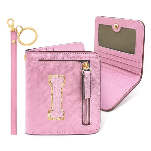 Image of COSHAYSOO Initial Wallet RFID Small Bifold Slim Letter Wallet for Women Teenager Girls Travel Daily Necessities Credit Cards Money Cash Coin Organizer, Pink Chenille, Compact, I