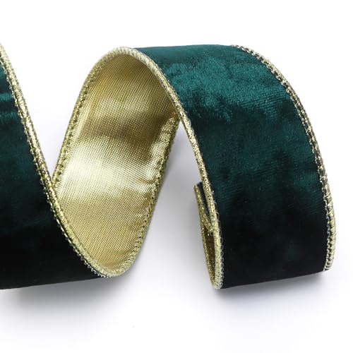 Image of Ribbli Forest Green Velvet Wired Ribbon 1.5 Inch Metallic Green Gold Crushed Velvet Christmas Ribbon for Gift Wrapping Christmas Tree Decoration Crafts Wreaths Supplies-Continuous 10 Yards