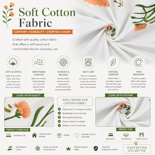 Image of IVAZA 240 TC Soft Ezyption Cotton Floral Print King Size Bedsheet - with 2 Pillow Covers, Hypoallergenic, Brethable, (Size- 90 x 90 Inch) White Orange