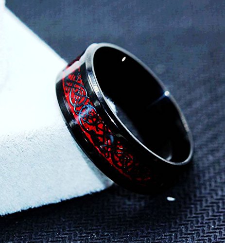 8mm Red Carbon Fiber Black Celtic Dragon Ring For Men Beveled Edges Wedding Band3