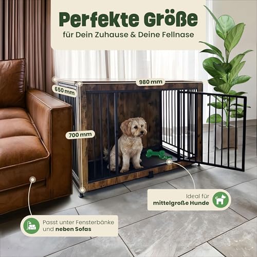 zooprinz Designer Hundebox 98 x 65 x 70 cm- Stilvolles Möbelstück - EIN eleganter Hundeschrank mit dekorativer Oberplatte im warmen Holz Look. Für Zuhause, drinnen/innen – Rückzugsort für Hunde