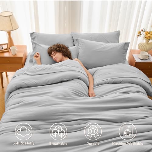 MUXHOMO 7 Pieces California King Comforter Set, Soft Bed in a Bag Cal King Size, All Season Bedding Set with Comforter, Flat Sheet, Fitted Sheet, Pillowcases & Shams, Light Grey