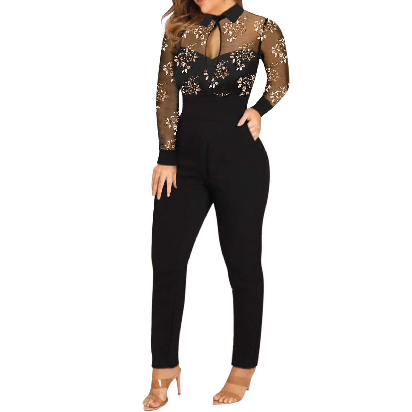 Briskorry Mono elegante largo para mujer, elegante, de primavera, verano, con empalme de malla, de manga larga, para bodas, bodycon de negocios, festivo, mono