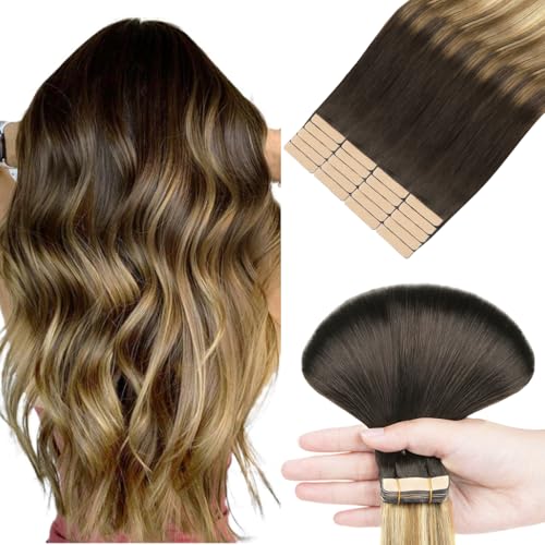 HOTBANANA Extension Capelli Veri Biadesivo, Castano Scuro fino a Castano e Biondo Sporco Evidenziato Extension Biadesive Capelli Veri Lisci 35cm 20pcs Remy Tape in Hair Extensions 50g