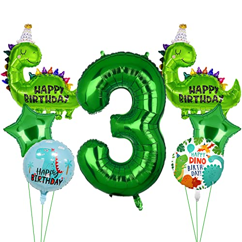 Lebeili 7pcs Green Dinosaur Number Mylar Foil Balloons, Dinosaur Party Supplies & Decorations (3rd Birthday)