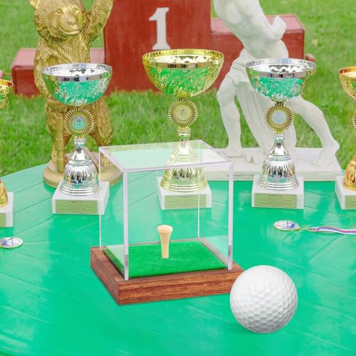 Image of Clear Acrylic Golf Ball Display Case with Wood Base & Tee, Memorabilia Stand Cube Holder, Dust Protection Transparent Storage Box for Single Ball Souvenir Golfball Collections