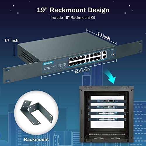 Image of YuanLey 16 Port PoE Switch with 2 Gigabit Uplink, 16 PoE+ Port 10 /100Mbps Network Switch, 802.3af /at Compliant, Durable Metal with 250W High Power, Unmanaged Plug and Play
