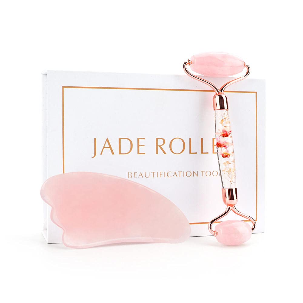 Gua Sha Cara Jade Rodillos Faciales Cara Jade Masaje Rodillos Rosa Cuarzo Rasqueta Jade Masajeador Herramientas Triángulo Set withBox.