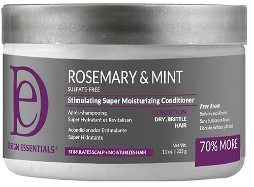 Design Essentials Acondicionador estimulante súper hidratante de romero y menta para cabello seco, grueso o quebradizo sin sulfatos, estimula el