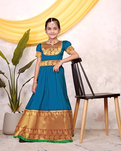 Image of Girls Silk Pattu Gown for Kids Traditional South Indian Long Ethnic Dress | Baby Girl Festival Pavadai Sattai Style Party Wedding Birthday Special Occasion Outfit