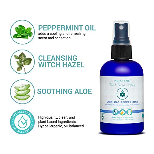Image of PRISTINE Sprays Toilet Paper Spray, Flushable Wet Wipe Alternative, Cooling Peppermint Scent, 4 oz, 1 oz Travel Size, 32 oz Refill, pH Balanced, Biodegradable