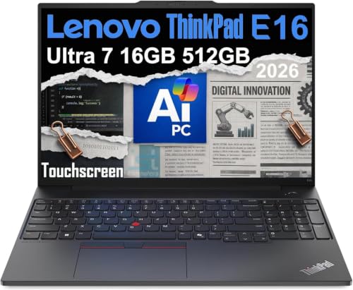 Image of Lenovo ThinkPad E16, 16 inch Touchscreen, Ultra 7 155U, 16GB DDR5, 512GB SSD | Business AI PC Laptop, FHD+ Anti-Glare, Intel 12-Core, Numeric Keypad, Webcam, Thunderbolt 4, Ethernet, Backlit, Win 11 Pro