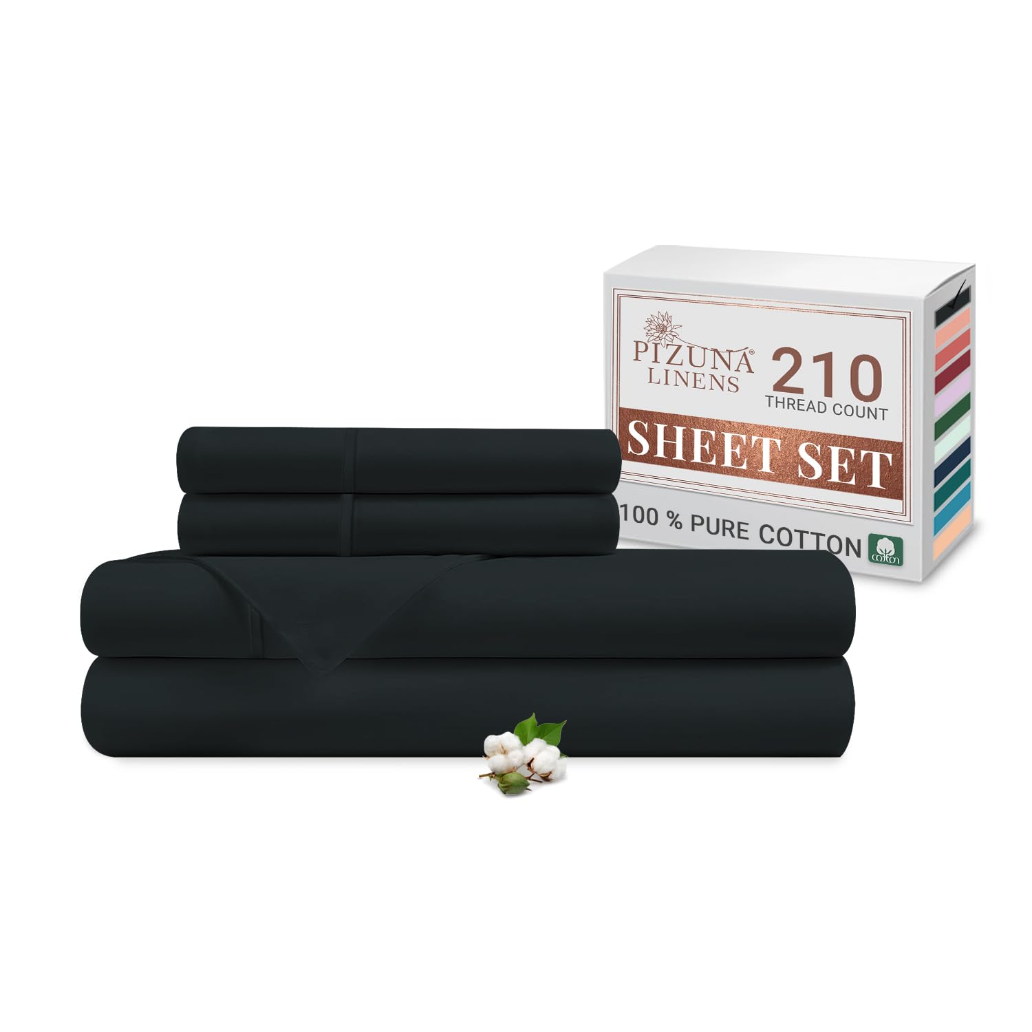 Pizuna Cotton Percale Double Bed Sheet Set Black (4Pc) 100% Long Staple