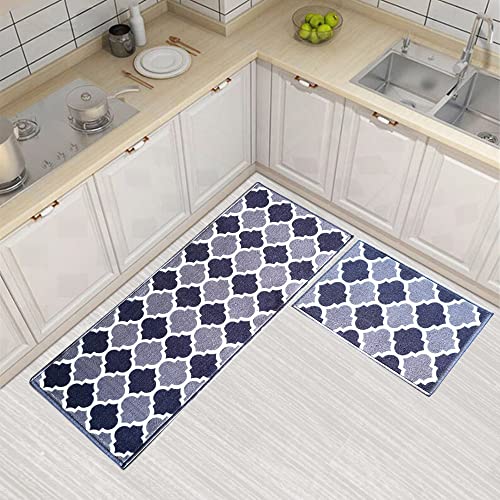Image of Matz&More Anti Slip Kitchen Runner & Doormat Combo (50x120cm + 40x60cm), Nylon Tufted Floor Mat with Rubber Backing, Carpet for Bedroom, Bathroom, Entrance & Bedside, Trellis Two Toned Grey