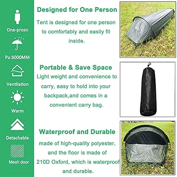 MYOYAY 1 Persoon Bivy Waterdichte Camping Tent 3 Seizoen Een Persoon Backpacken Tent Ultralight Enkele Persoon Bivy Tent voor Camping Wandelen Backpacken Jacht Outdoor Survival Ruimtebesparend