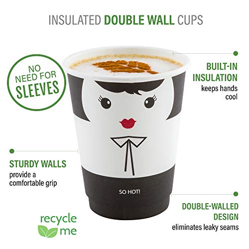 Image of Restaurantware 12 Ounce Disposable Cups, Pack of 500 Double Wall Hot Cups - Lids Sold Separately, Featuring a Madame Print with Black Paper Insulation, Ideal for Serving Tea, Coffee, and More