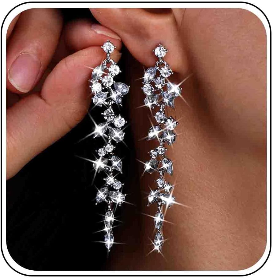 Marquise Wedding Long Rhinestone Earrings Silver Crystal Dangle Earrings Diamond Cubic Zirconia Bridal Drop Sparkly Tassel Cz Bride Stud Chandelier Bridesmaid Statement Prom Party Formal Jewelry Women