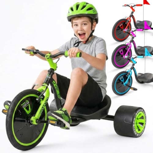 Drift Trike for Kids Ages 5+ 16' Front Wheel Ride-On with Adjustable Seat, Steel Frame, Rear Slick Drift Wheels & Safety Flag – Madd Gear Green Black
