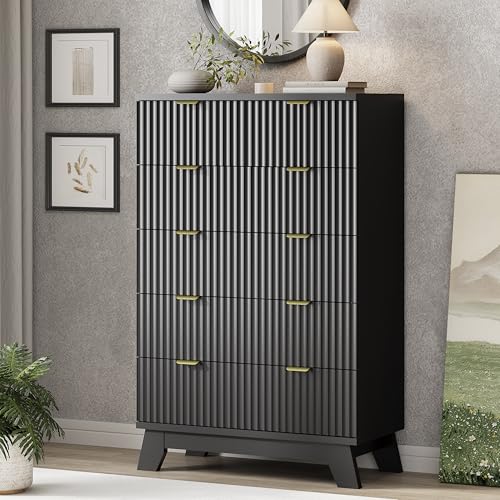 Image of Xixini Fluted Dresser for Bedroom with 6 Drawers, 46 inch Tall Modern Chest of Drawers with Metal Handle, Wooden Dresser TV Stand, Wood Closet Clothes Storage Organizer for Living Room, Hallway, Black