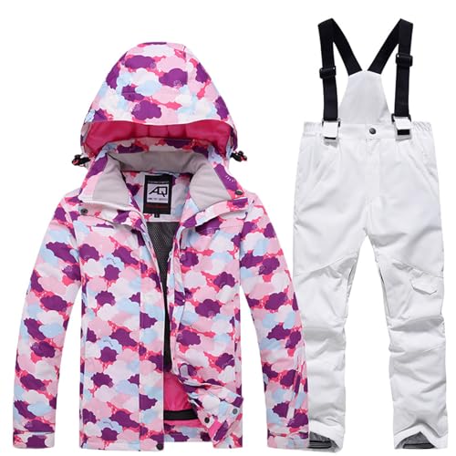YFCH Bambini Ragazzi/Ragazze 2 Pezzi Tuta da Sci Cappuccio Antivento e Impermeabile Giacca da Sci + Pantaloni Invernali, Rosa+Fucsia, 9-10 Anni/L