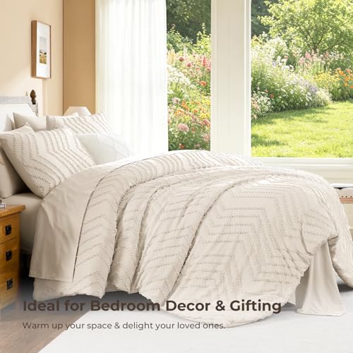 Image of Litanika Beige Queen Size Comforter Set with Sheets - 7 Pieces Bed in a Bag Queen Boho Tufted Complete Bedding Sets with Comforter, Sheets, Pillowcases & Shams