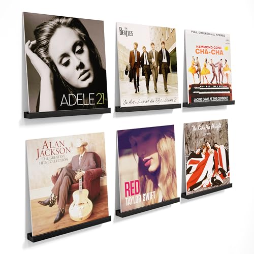 Emfogo Vinyl Record Shelf Wall Mount, 6 Pack Album Record Holder Wall, 12 inch Vinyl Record Storage Shelves Wall, Wood Record Display for Living Room(Black)