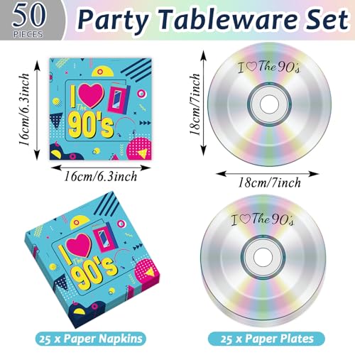 Image of CHUNNIN 50Pcs 90's Party Paper Plates and Napkins for 25 Guests | Durable Paper, 1990s Retro Theme Birthday Party, I Love the 90s Disposable Dessert Tableware, CD Plates and Napkins Set