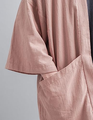 Men\'s Cotton Linen Kimono Cardigan 2 Pockets Oversized Noragi Jacket Man Haori Summer Yukata Beach Robe (Brown) - Thumbnail 7