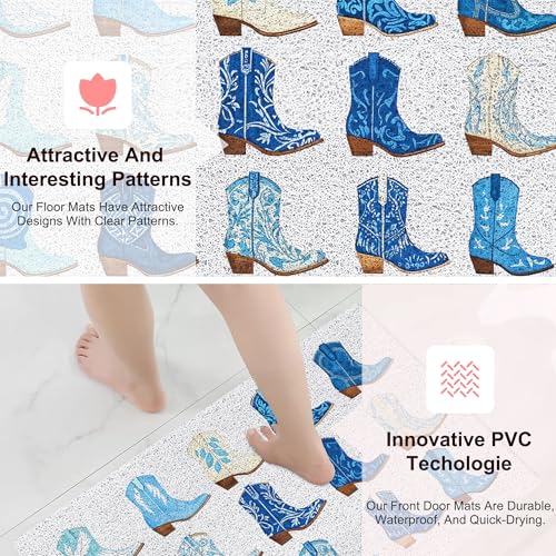 RYYCDOI Trendy Blue Western Door Mat, Preppy Coastal Cowgirl Boots Welcome Mats Doormat for Front Door Porch Indoor Outside Entrance Entryway, Western Bath Mat, 17x30 Inch - Image 4