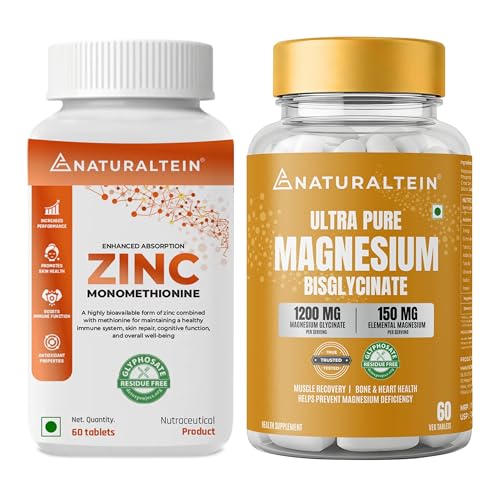 Image of NATURALTEIN Zinc Monomethionine (60 Tablets) + Magnesium Glycinate 1200mg (60 Tablets) | High Absorption Zinc & Magnesium Combo | Muscle Recovery, Sleep, Immunity & Stress Support