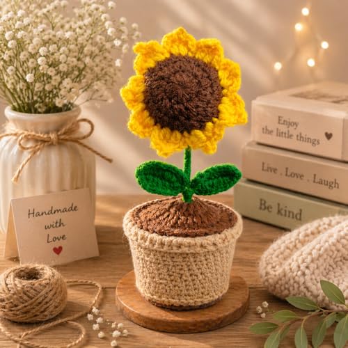 Image of Handcrafted Crochet Flower Pot | 7 Inch Handmade Wool Flower Plant | Premium Soft Yarn Decor | Cute Desk & Home Decoration | Unique Gift for Birthday, Anniversary & Valentine (Sunflower)