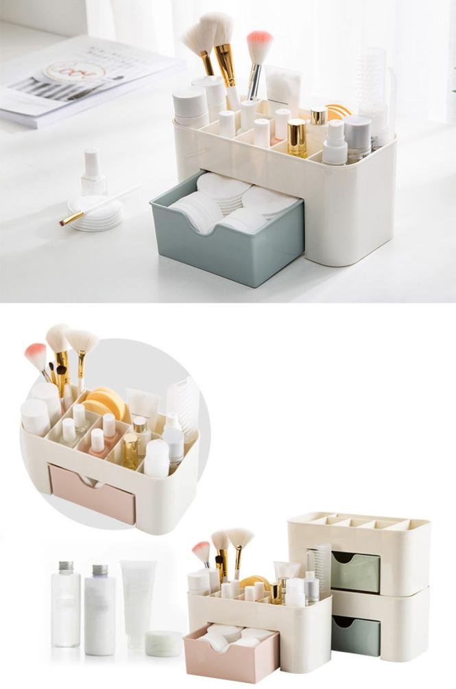 Organisateur de maquillage de table de bureau avec tiroir de rangement pour maquillage, pinceaux, stylos, bijoux, gain de place (Bleu)
