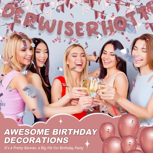 Image of Fulmoon Set of 3 Pre Strung Older Wiser Hotter Glitter Banner Funny Birthday Banner for Women 30th 40th 50th 60th 70th 80th Birthday Party Decorations Sign Gift(Deep Rose Gold)