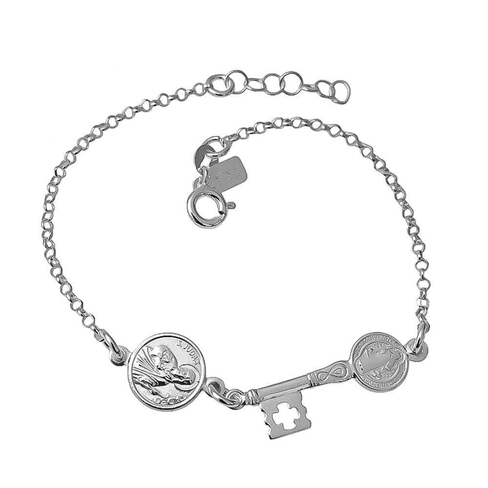 Llave San Benito Pulsera Plata Ley 925m 17cm. cadena rolo 2mm. medalla San Judas Tadeo 10mm.