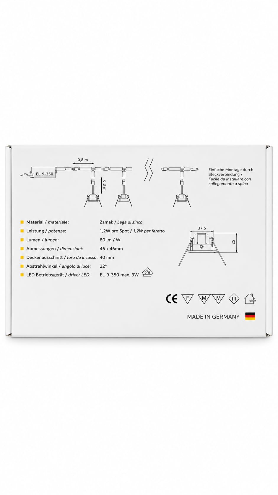 Generico Set di 6 Mini Faretti LED da Incasso, 1,2W per Spot, Luce Bianca Calda, Foro 40 mm, Driver EL-9-350 Incluso, Collegabili, Basso Consumo, Made in Germany