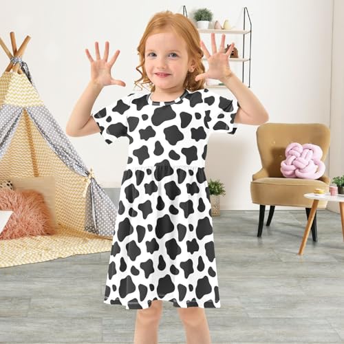 ALAZA Black White Cow Print Toddler Girls Dress Short Sleeve A-line Dress 2-8 Years4