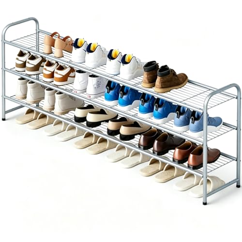 Image of KEETDY 3-Tier Long Shoe Rack for Closet Metal Shoe Organizer for Entryway, Wide Stackable Shoe Storage Shelf with Sturdy Wire Grid for Closet Floor, Bedroom, Grey