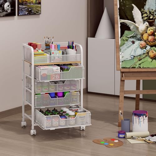 Image of 5-Tier Craft Organizer Cart with 5 Sets of DIY Dividers,Craft Organizers and Storage with Drawers,Lockable Wheels Rolling Utility Cart on Wheels,Art Supply Organizer,Ideal for Studio,Office,White
