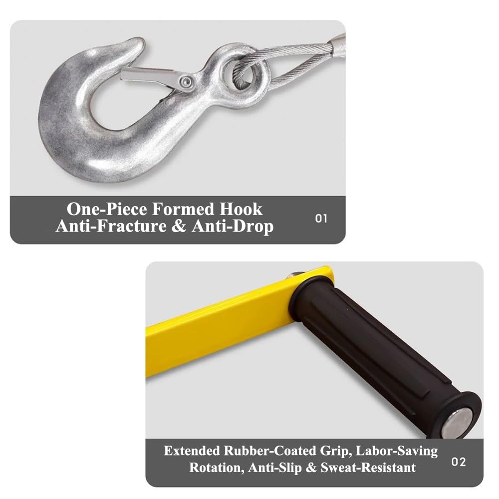 Verricello Manuale,argano Manuale A Cavo d'Acciaio,Giallo | Freno Bidirezionale A Denti Di Blocco,Facile Da Installare,Maniglia Antiscivolo,Per Rimorchi Per Barche