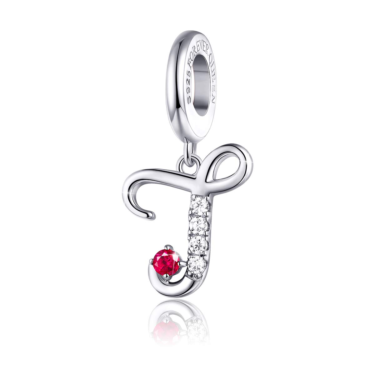 FOREVER QUEENInitial A-Z Letter Charm 925 Sterling Silver Dangle Beads Charm Red Zircon Alphabet Pendants for Snake Chain Bracelets Necklace Mother Gift Jewelry