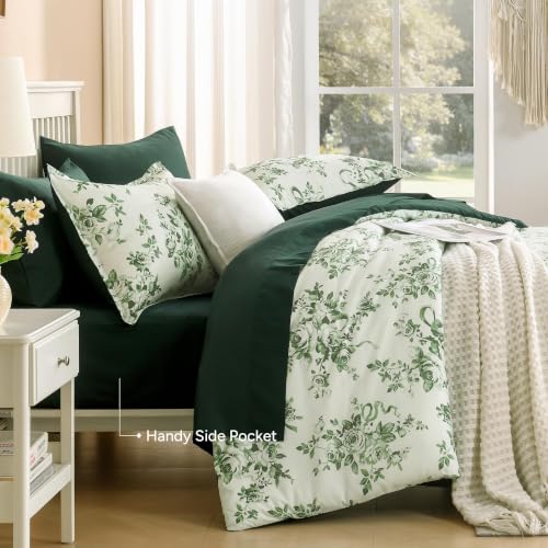 Image of Andency Floral Comforter Full Set, 7 Pieces Green Rose Flower Bedding Set